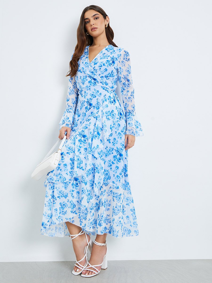 Women Blue Floral Print Chiffon Maxi Dress