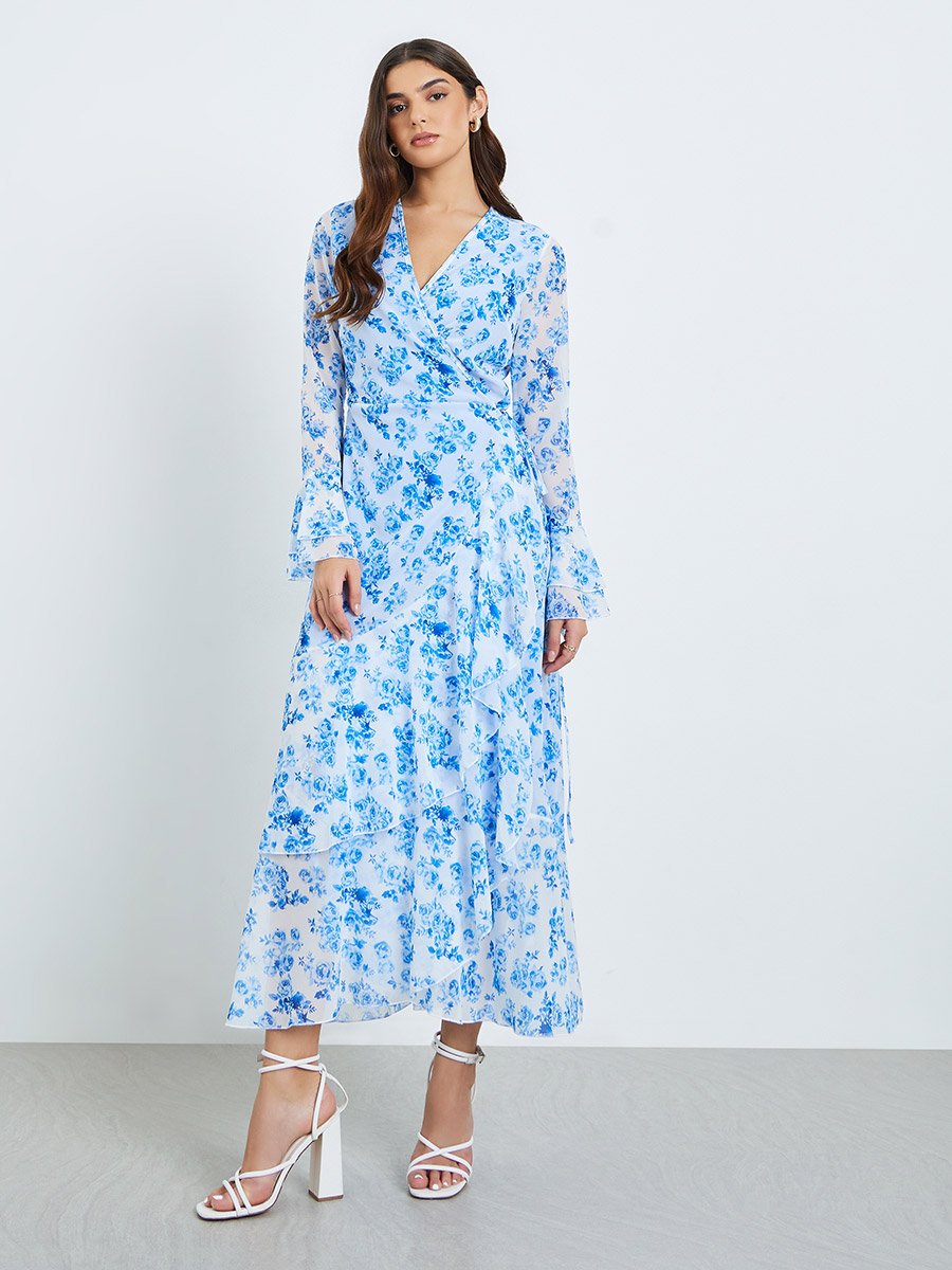 Women Blue Floral Print Chiffon Maxi Dress