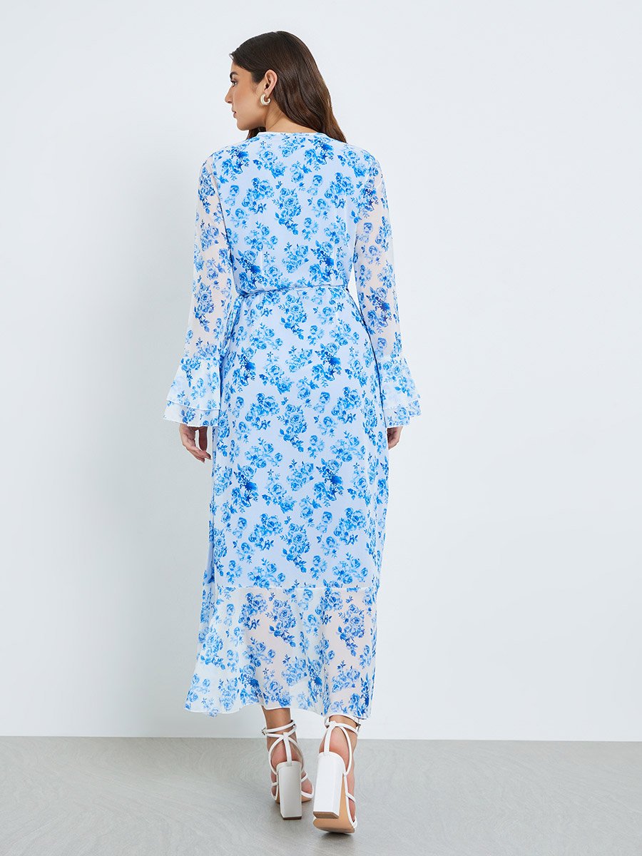 Women Blue Floral Print Chiffon Maxi Dress