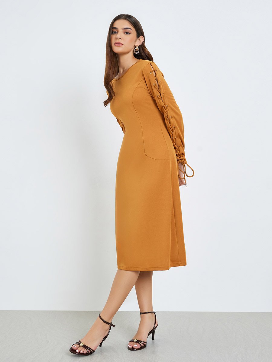 Women Khaki Lace Up Sleeves Knee Length Dress