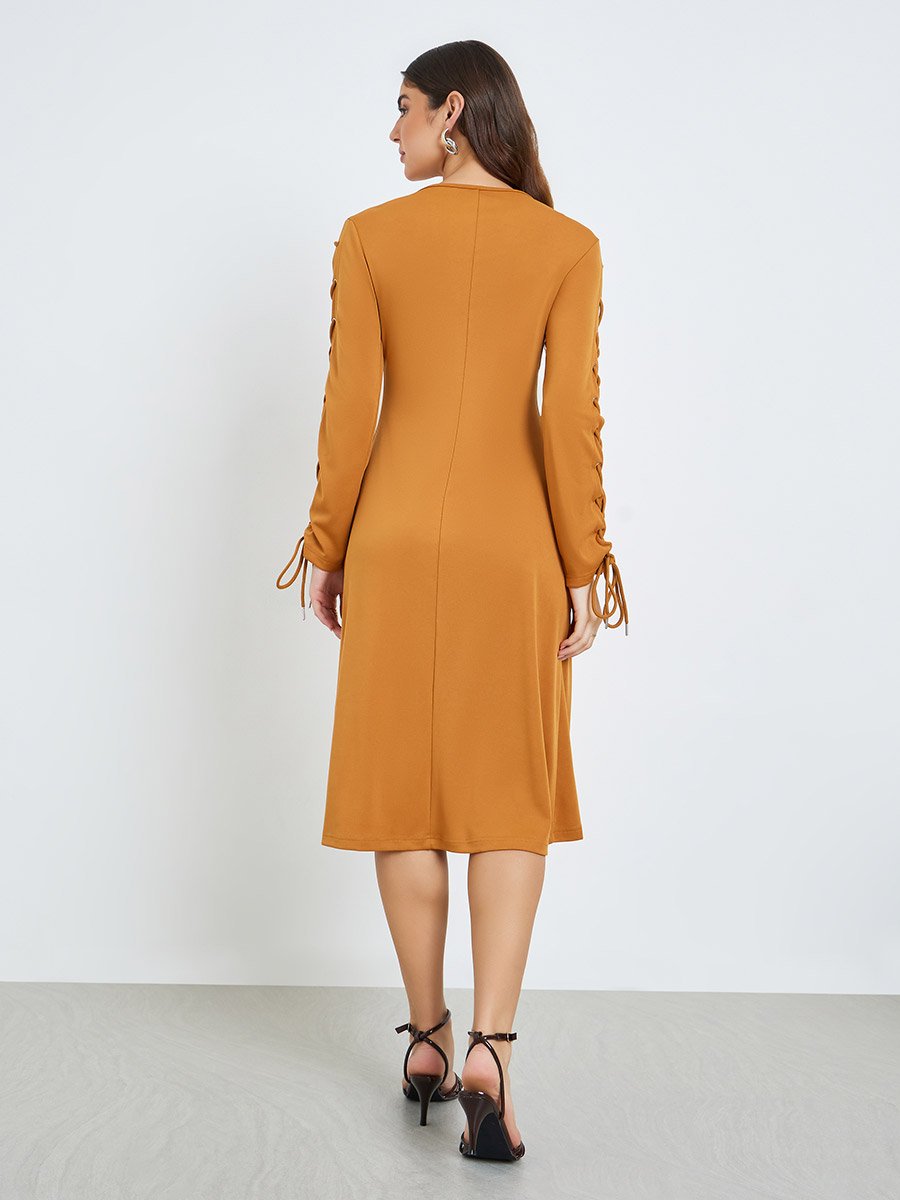 Women Khaki Lace Up Sleeves Knee Length Dress