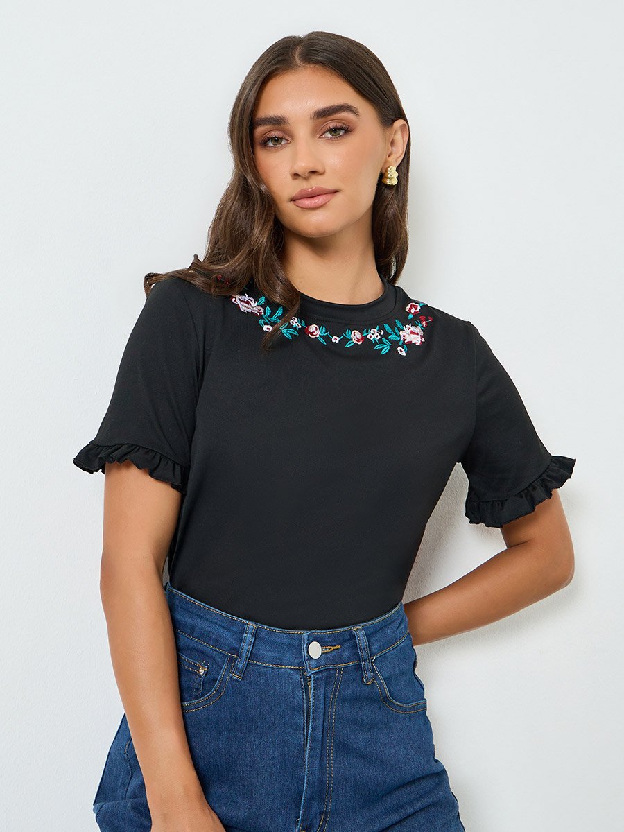 Women Black Embroidered T-Shirt