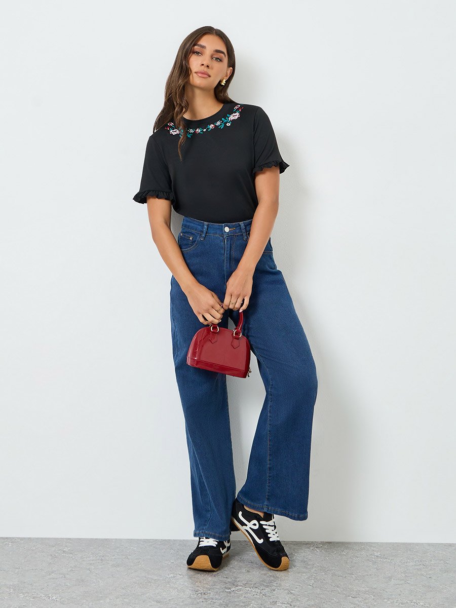 Women Black Embroidered T-Shirt