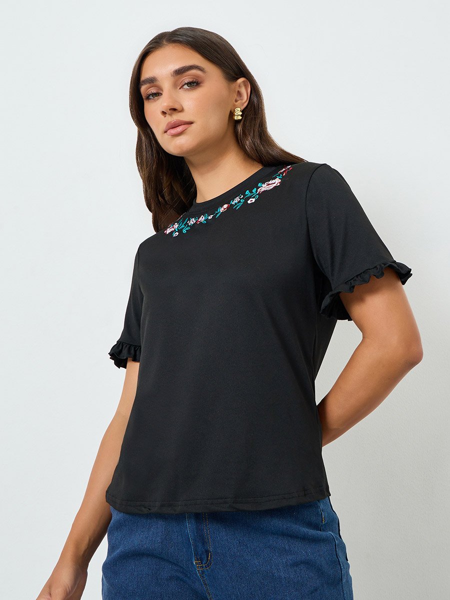 Women Black Embroidered T-Shirt