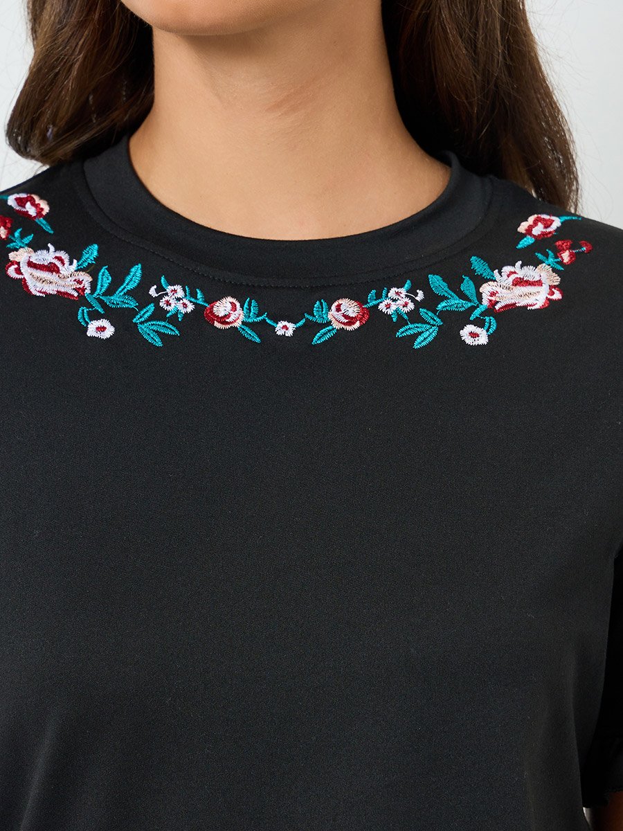 Women Black Embroidered T-Shirt