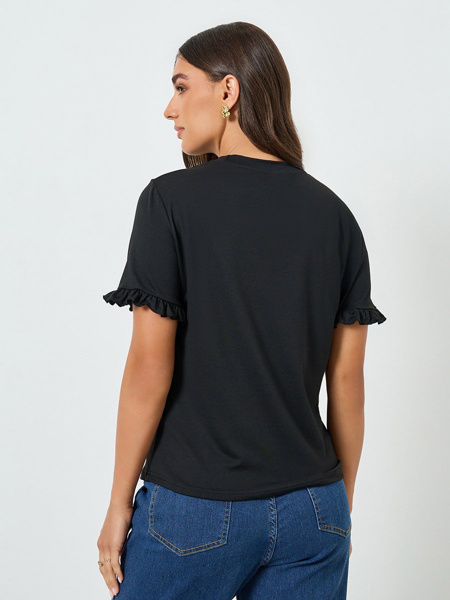 Women Black Embroidered T-Shirt