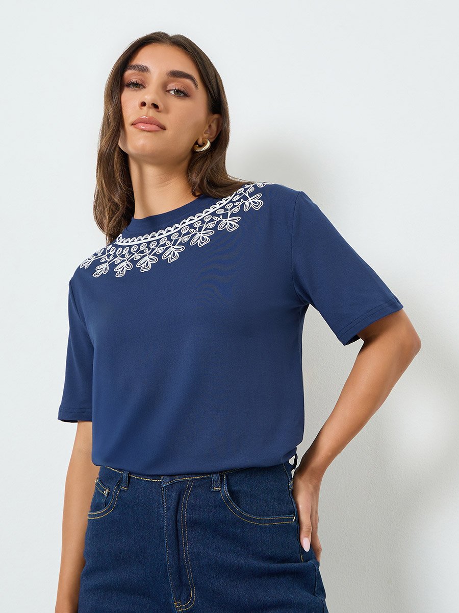 Women Blue Floral Embroidered T-Shirt