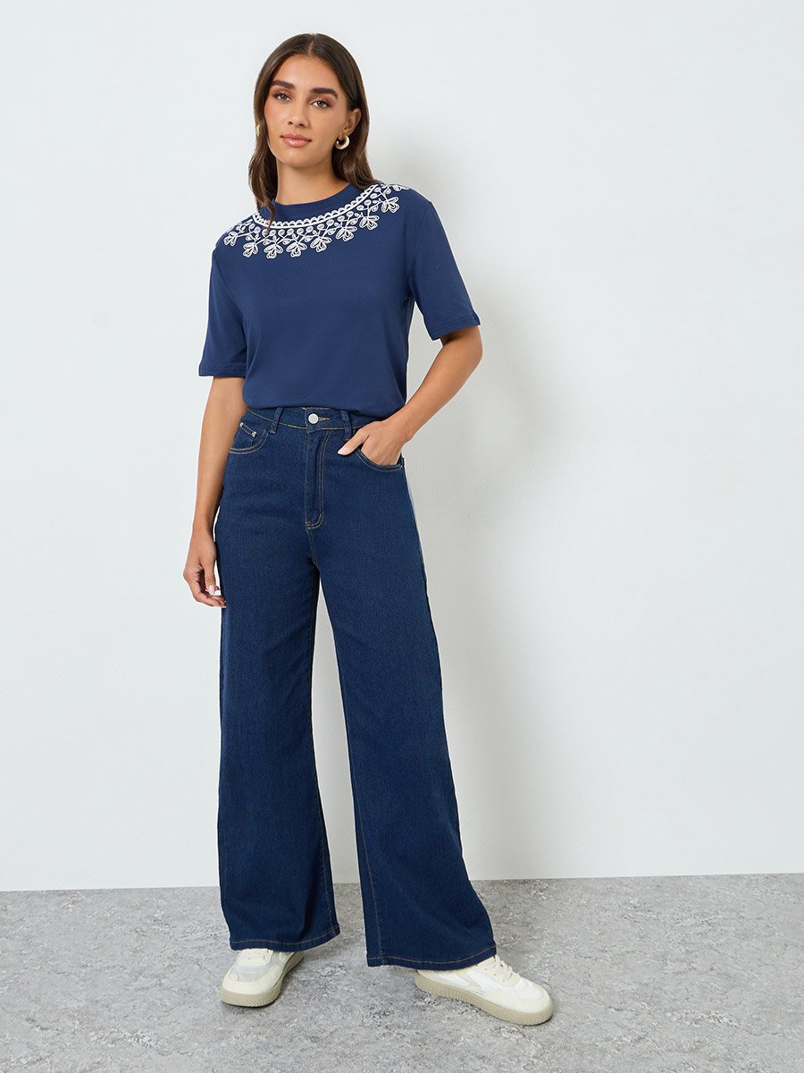 Women Blue Floral Embroidered T-Shirt