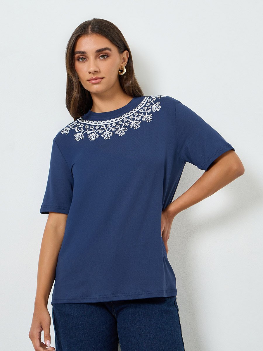 Women Blue Floral Embroidered T-Shirt