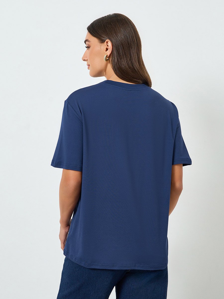 Women Blue Floral Embroidered T-Shirt