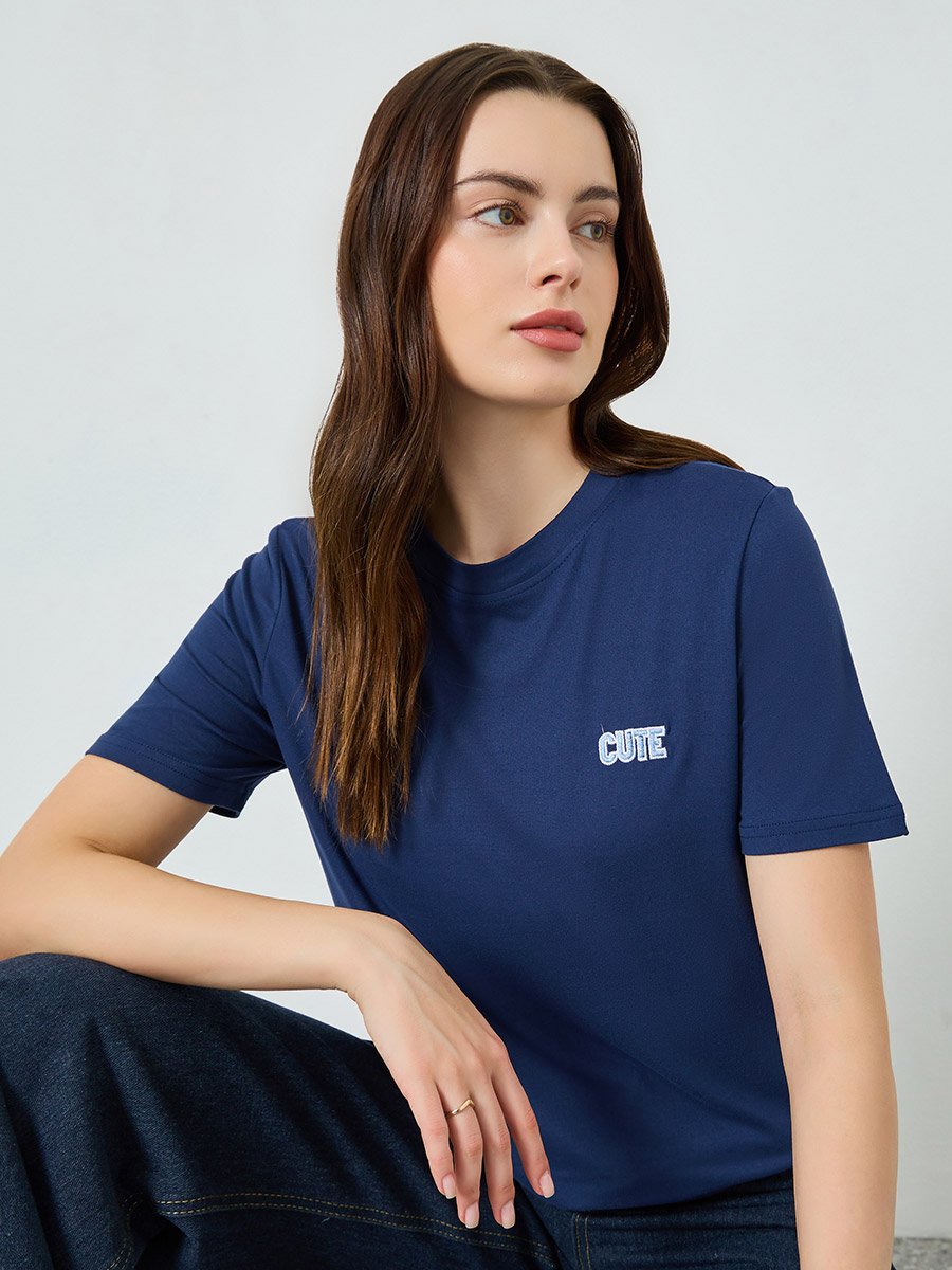 Women Navy Blue Embroidered T-Shirt