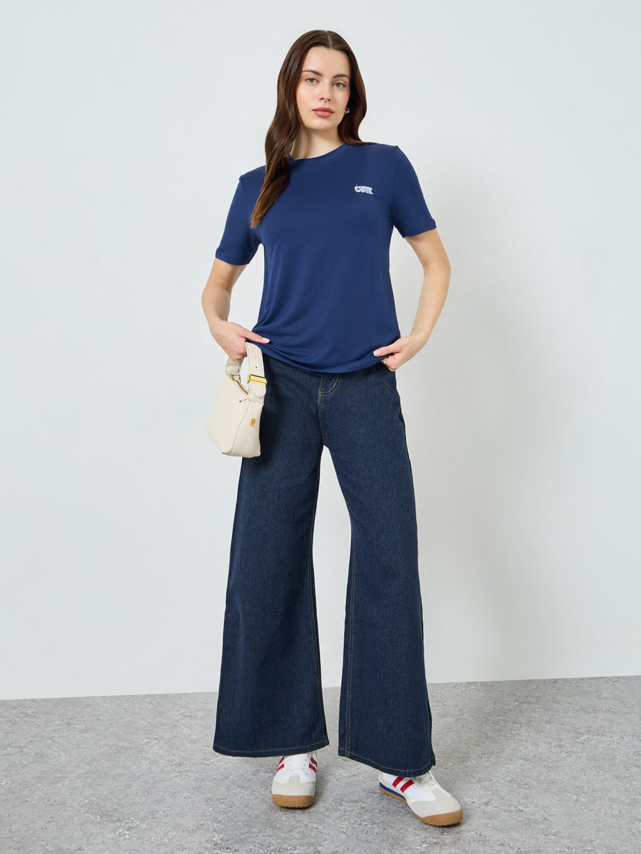 Women Navy Blue Embroidered T-Shirt