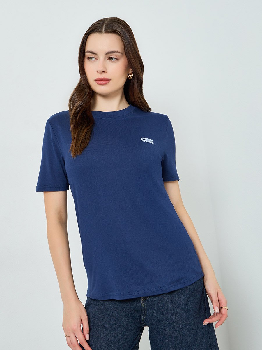 Women Navy Blue Embroidered T-Shirt