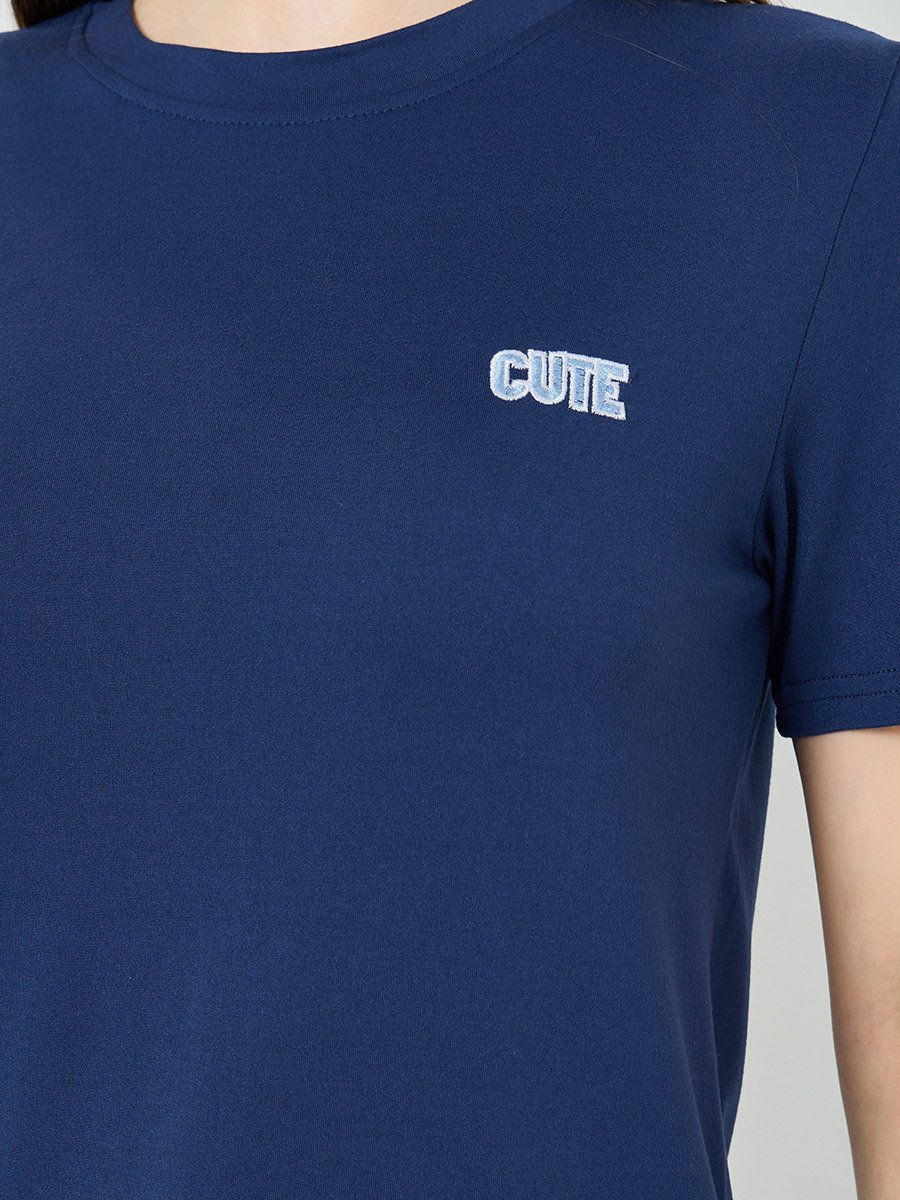 Women Navy Blue Embroidered T-Shirt