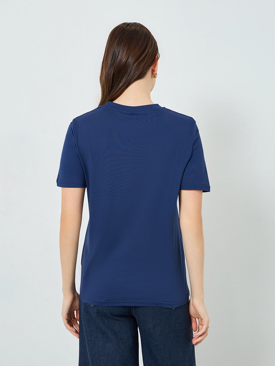 Women Navy Blue Embroidered T-Shirt
