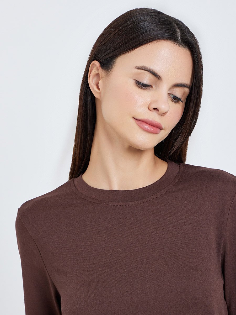 Women Brown Long Sleeve T-Shirt and Striped Pyjama Set