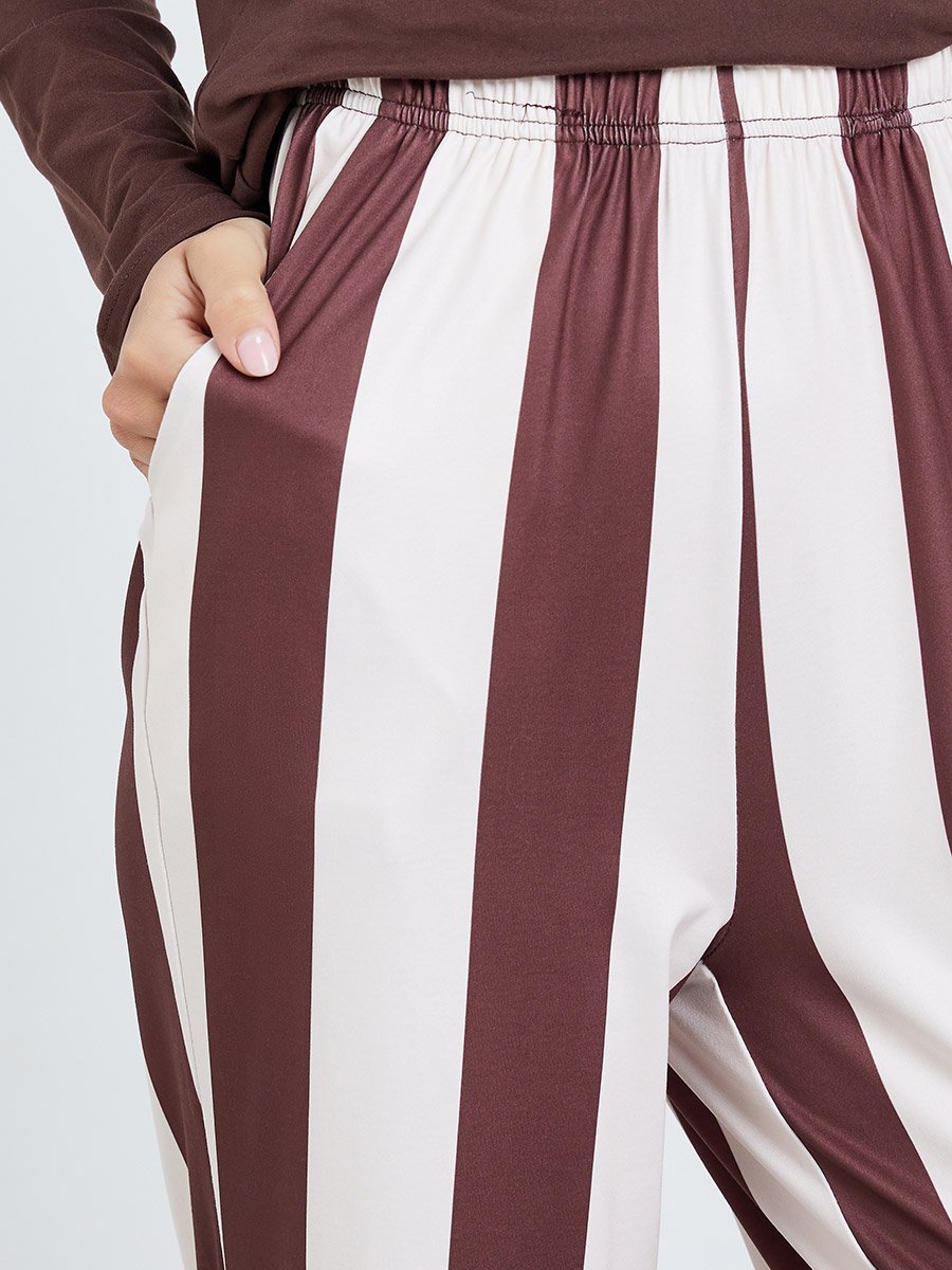 Women Brown Long Sleeve T-Shirt and Striped Pyjama Set