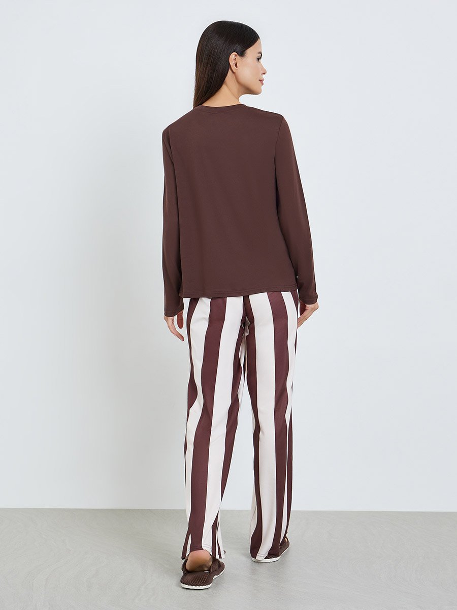 Women Brown Long Sleeve T-Shirt and Striped Pyjama Set