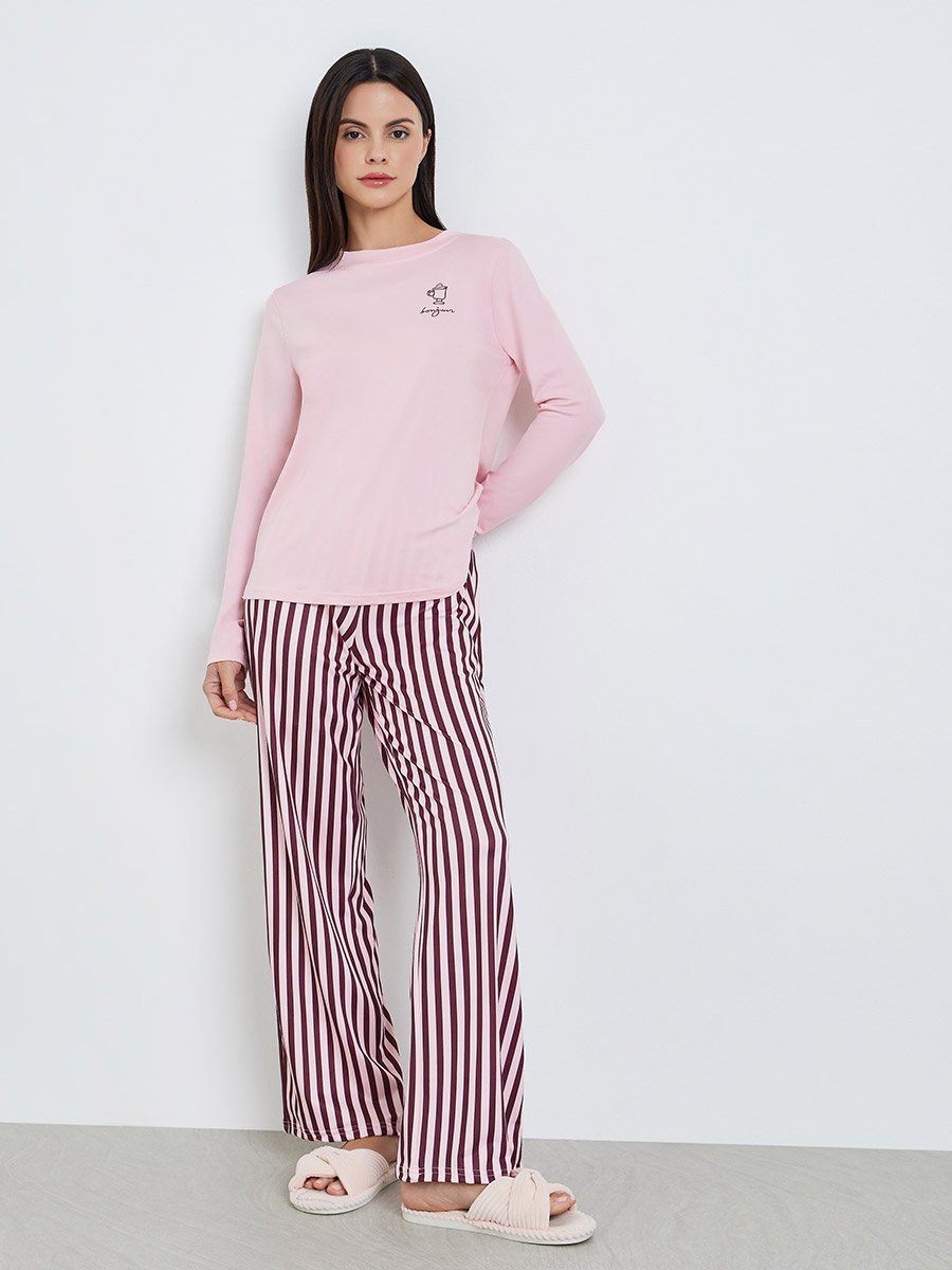 Women Pink Long Sleeve T-Shirt and Striped Pyjama Set