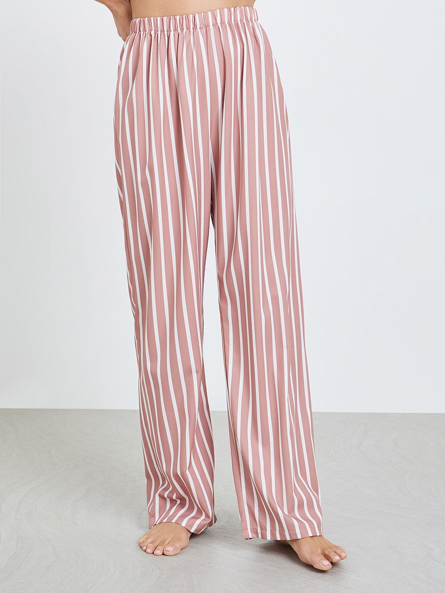 Women Brown Slogan T-Shirt and Striped Pyjama Set