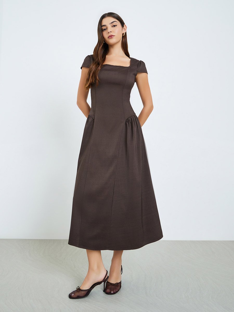 Women Brown Square Neck A-Line Midi Dress