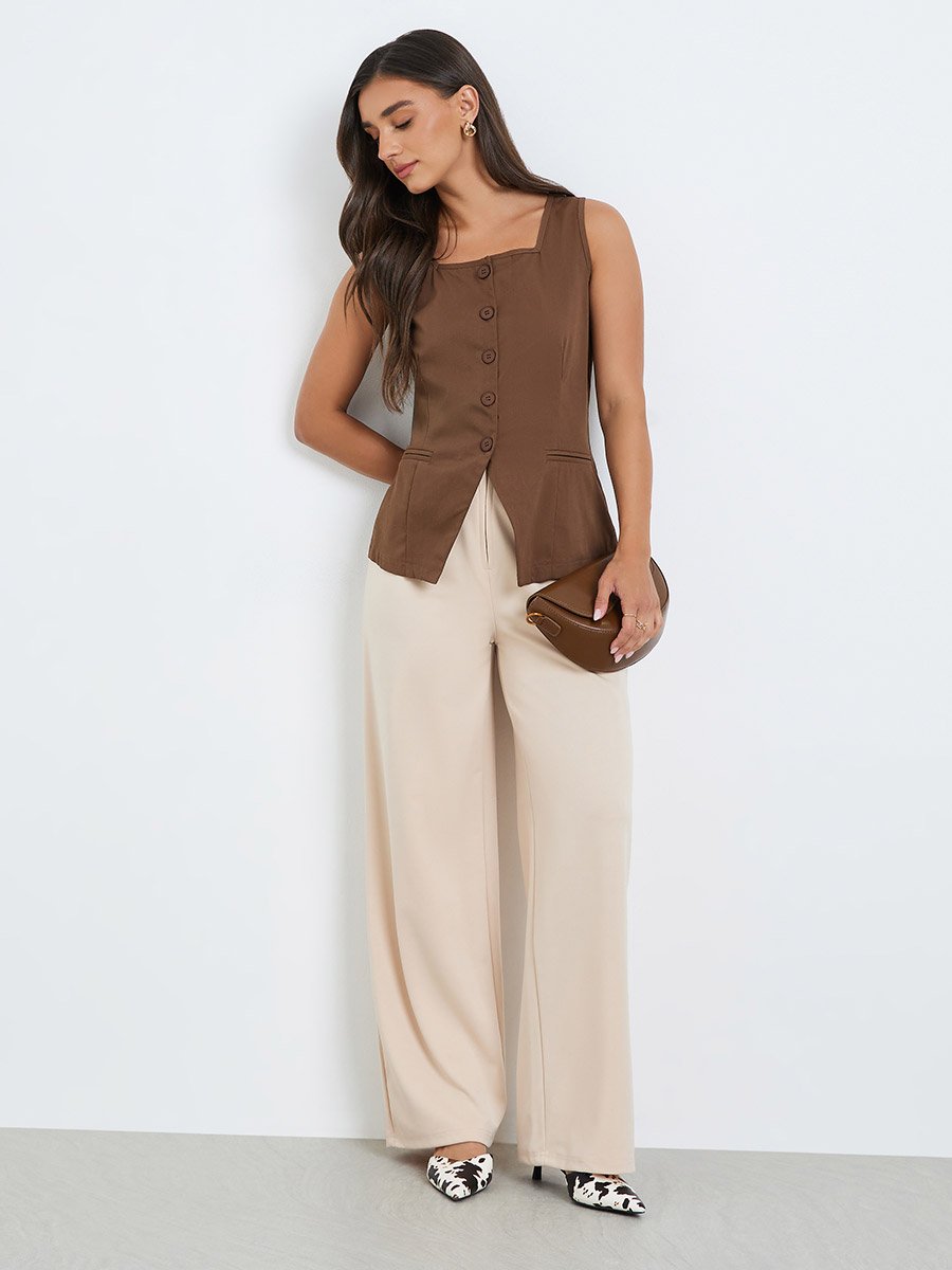 Women Brown Solid Square Neck Waistcoat
