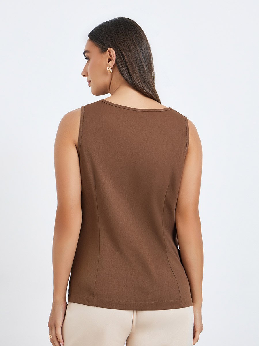 Women Brown Solid Square Neck Waistcoat
