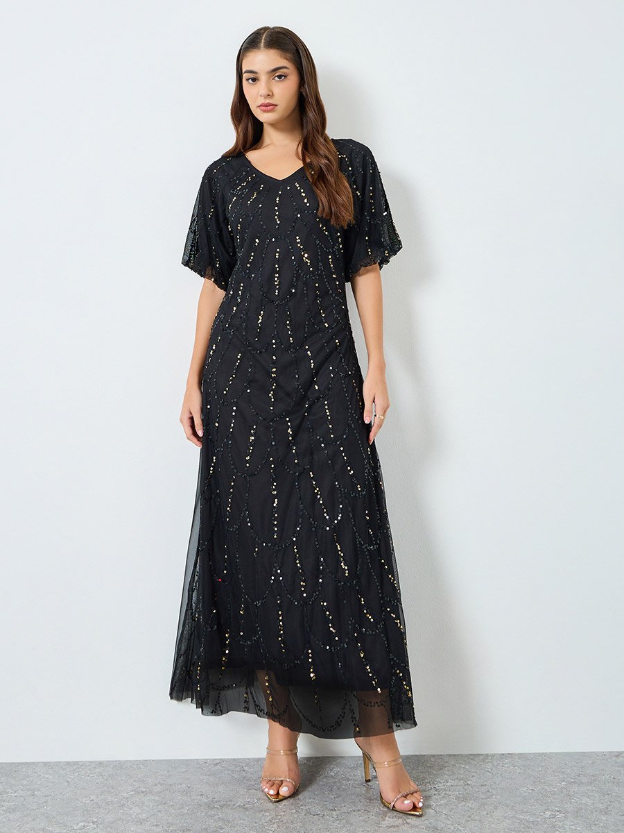 Women Black Embellished Mesh Maxi Dress