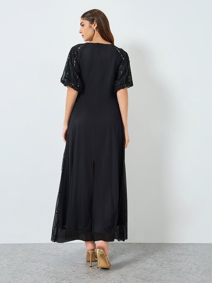 Women Black Embellished Mesh Maxi Dress