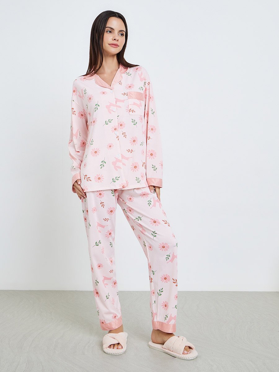 Women Pink Floral Print Shirt and Pyjama Set