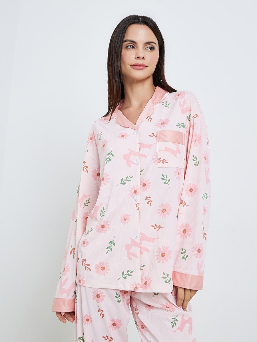 Women Pink Floral Print Shirt and Pyjama Set