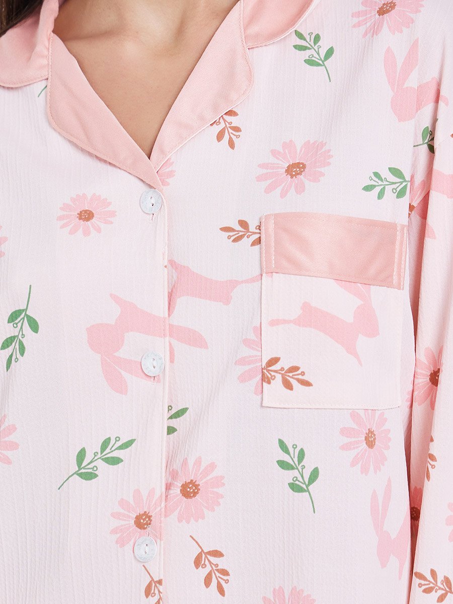 Women Pink Floral Print Shirt and Pyjama Set