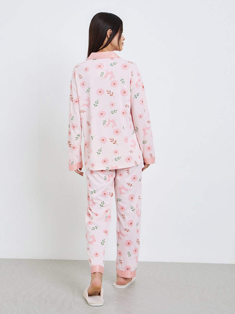 Women Pink Floral Print Shirt and Pyjama Set
