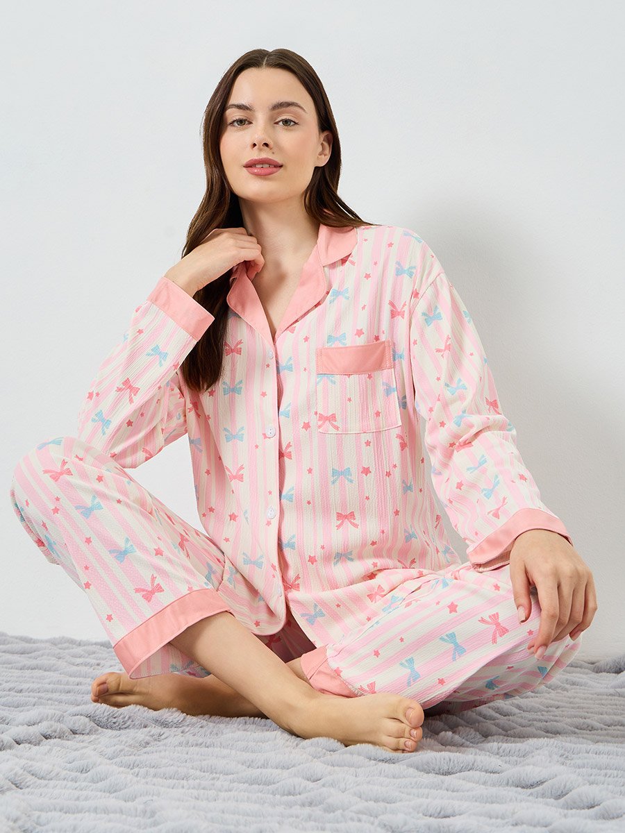 Women Bow Print Shirt and Pyjama Set