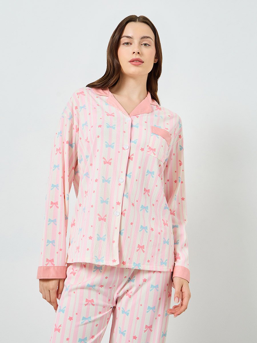 Women Bow Print Shirt and Pyjama Set