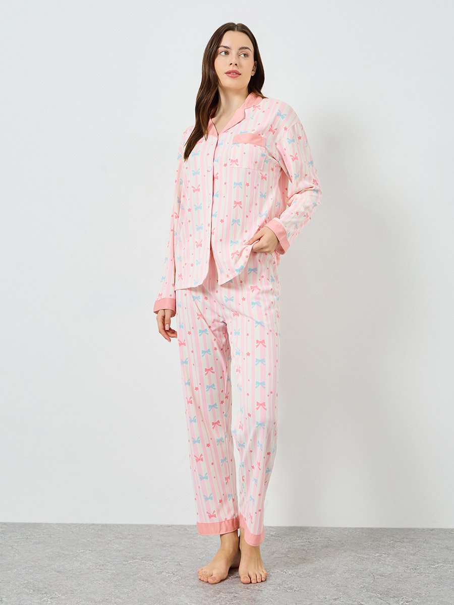Women Bow Print Shirt and Pyjama Set