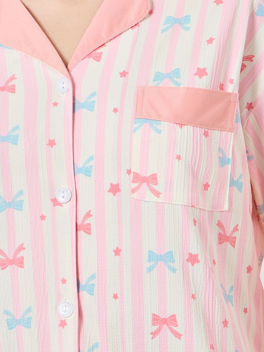 Women Bow Print Shirt and Pyjama Set