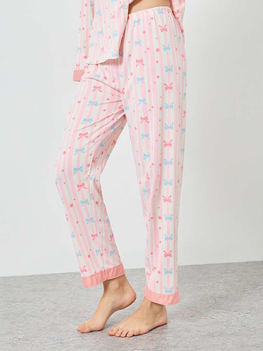 Women Bow Print Shirt and Pyjama Set