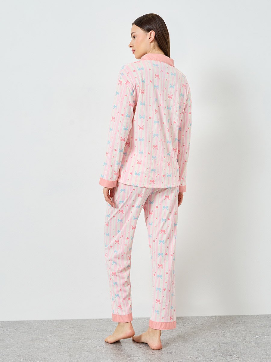 Women Bow Print Shirt and Pyjama Set