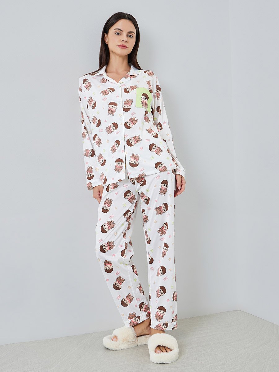 Women Cute Cartoon Print Shirt and Pyjama Set
