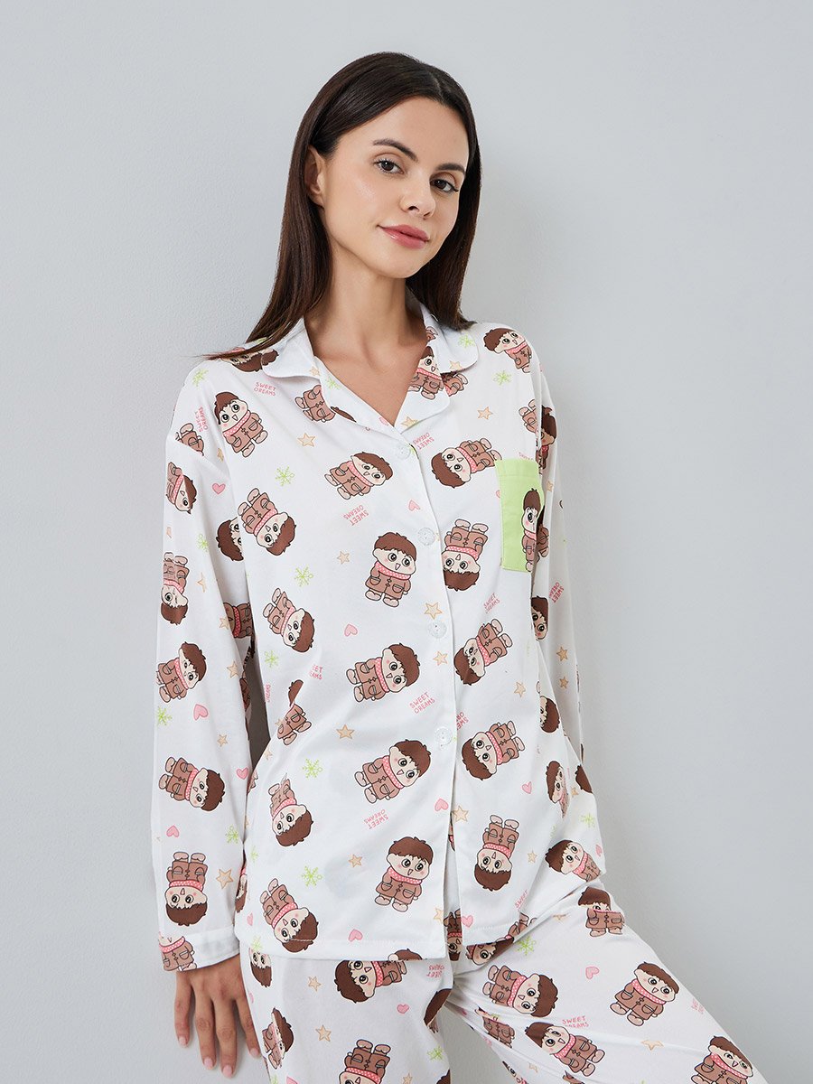 Women Cute Cartoon Print Shirt and Pyjama Set