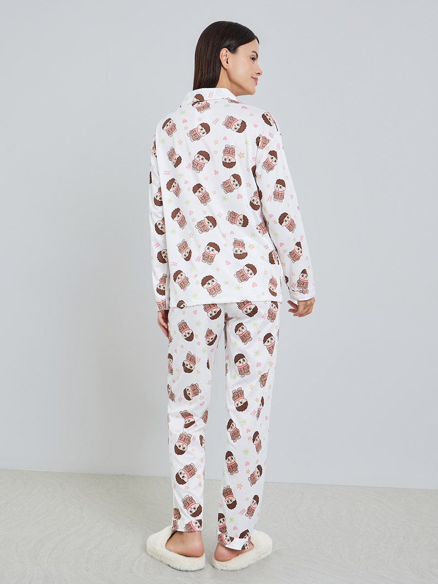 Women Cute Cartoon Print Shirt and Pyjama Set
