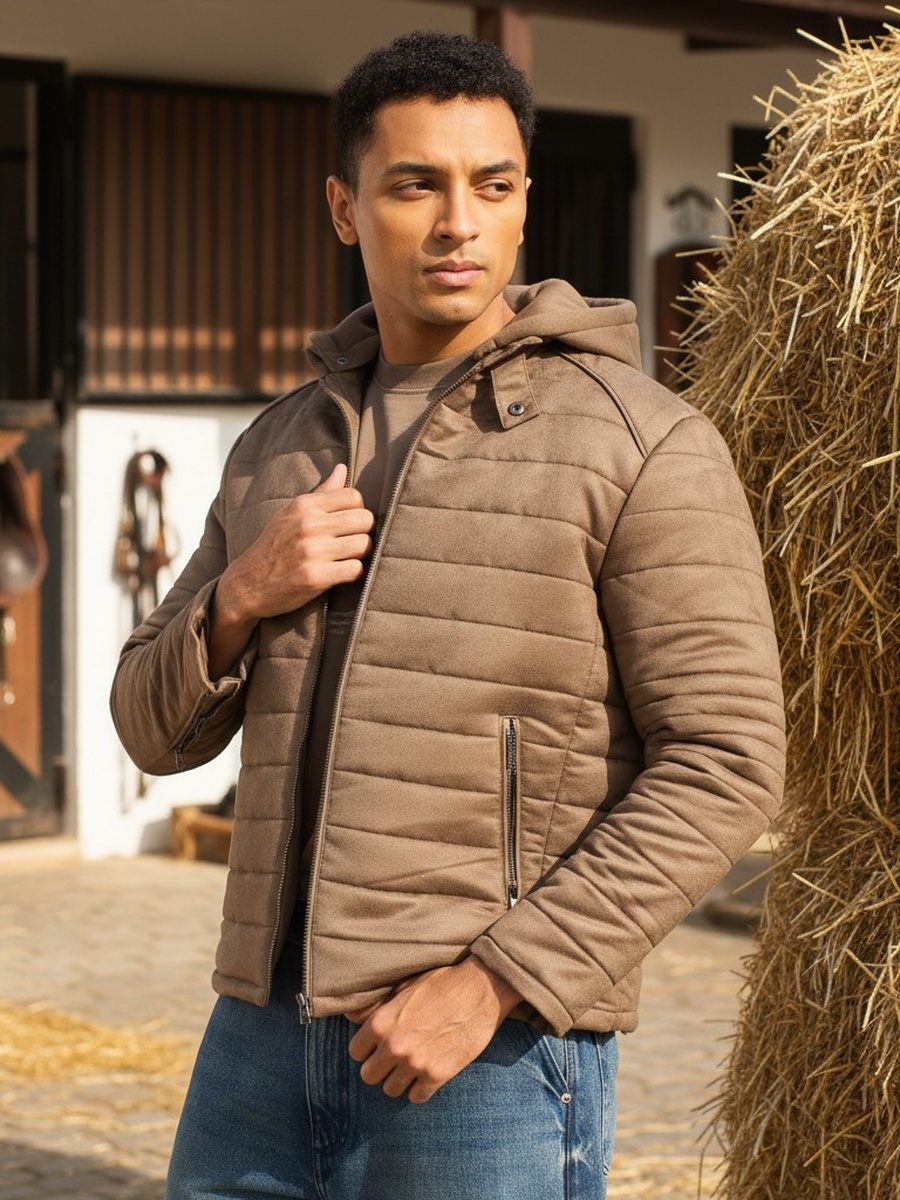 Padded Hooded Suede Biker Jacket