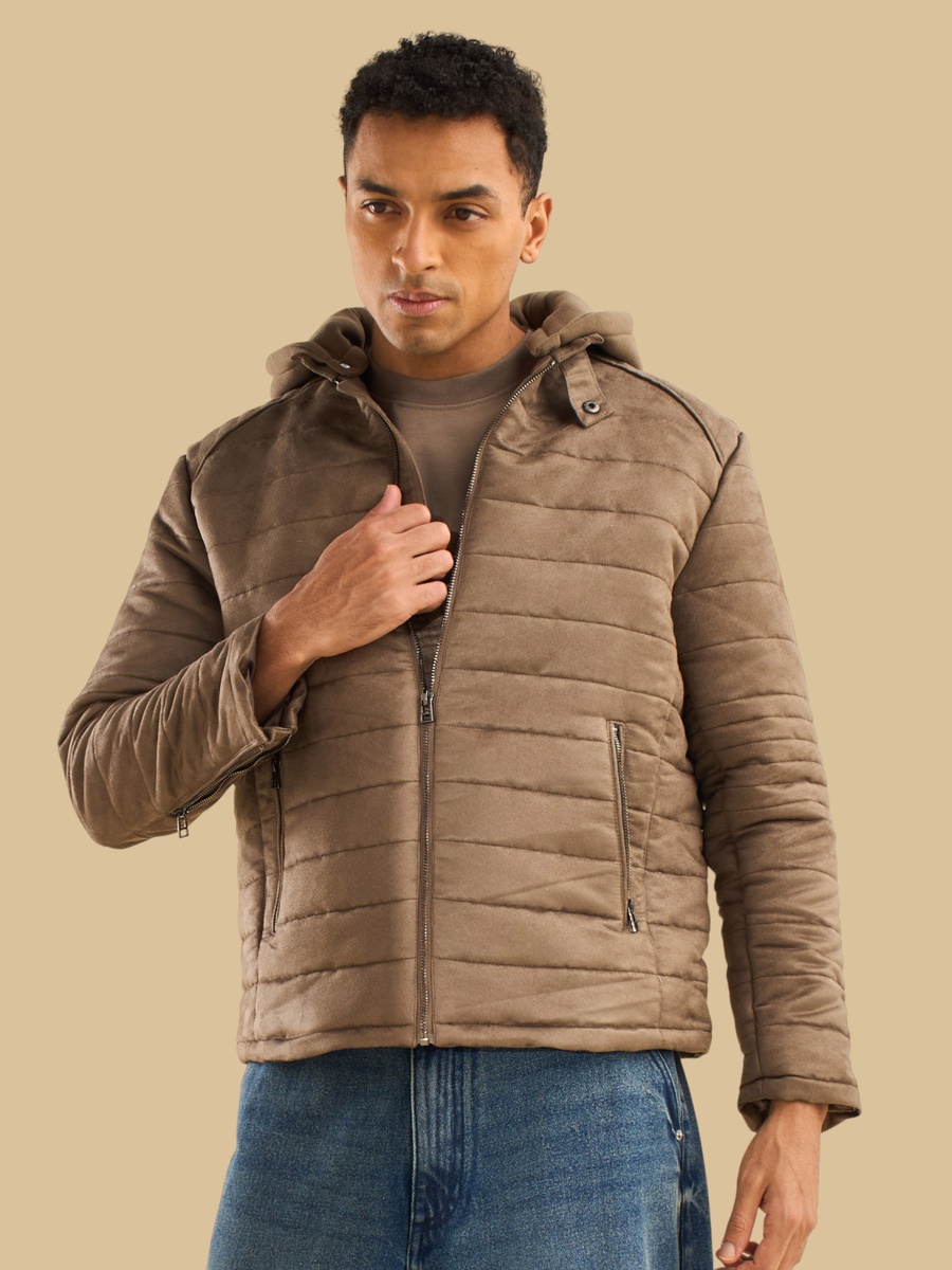 Padded Hooded Suede Biker Jacket
