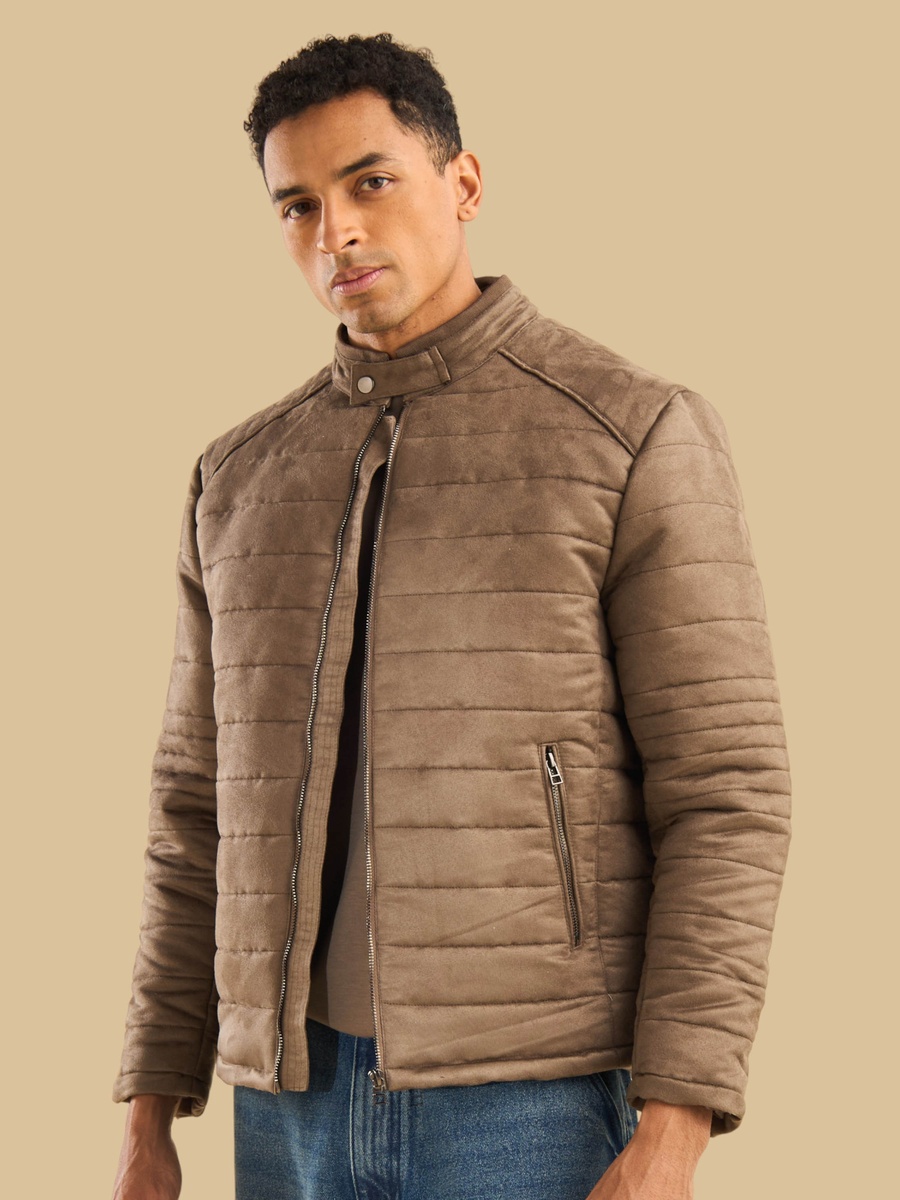 Padded Hooded Suede Biker Jacket