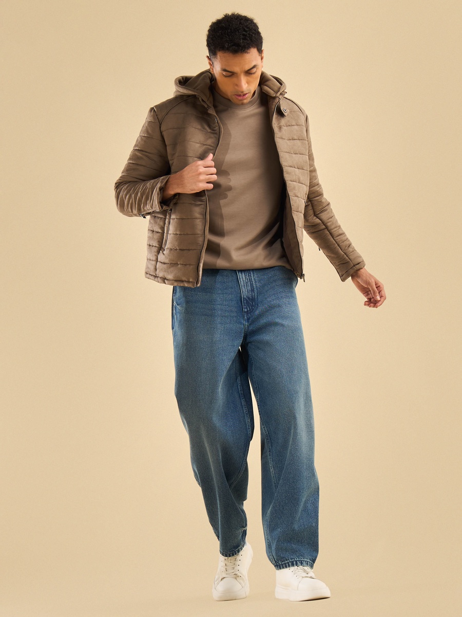 Padded Hooded Suede Biker Jacket