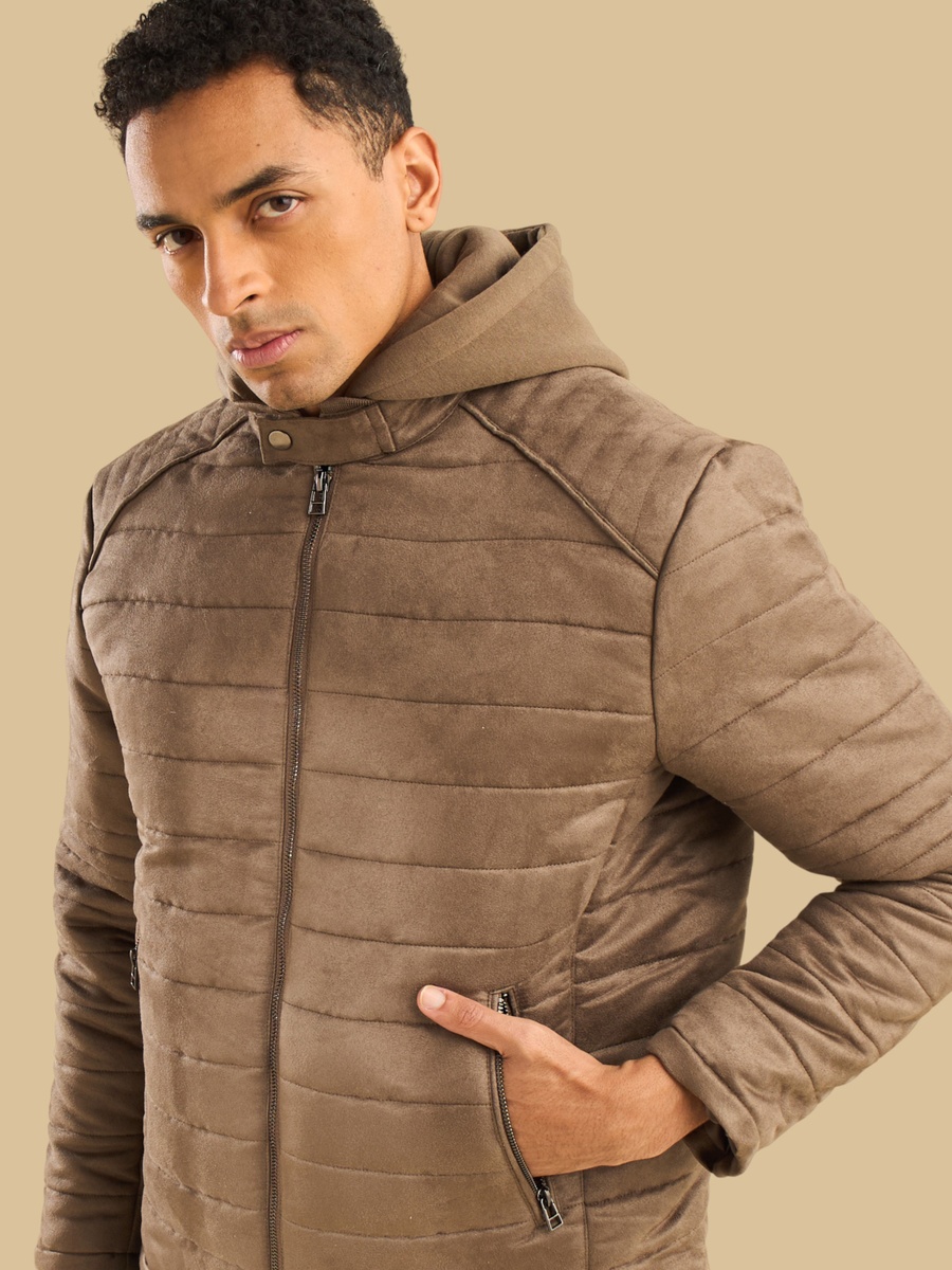Padded Hooded Suede Biker Jacket