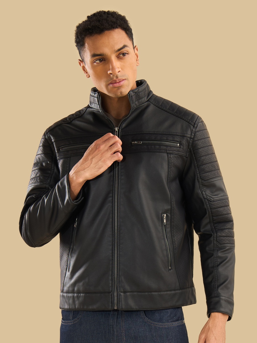 Panelled Hooded Pleather Jacket