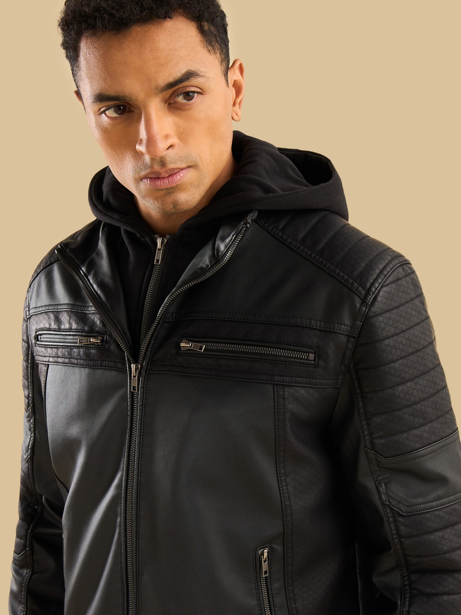 Panelled Hooded Pleather Jacket