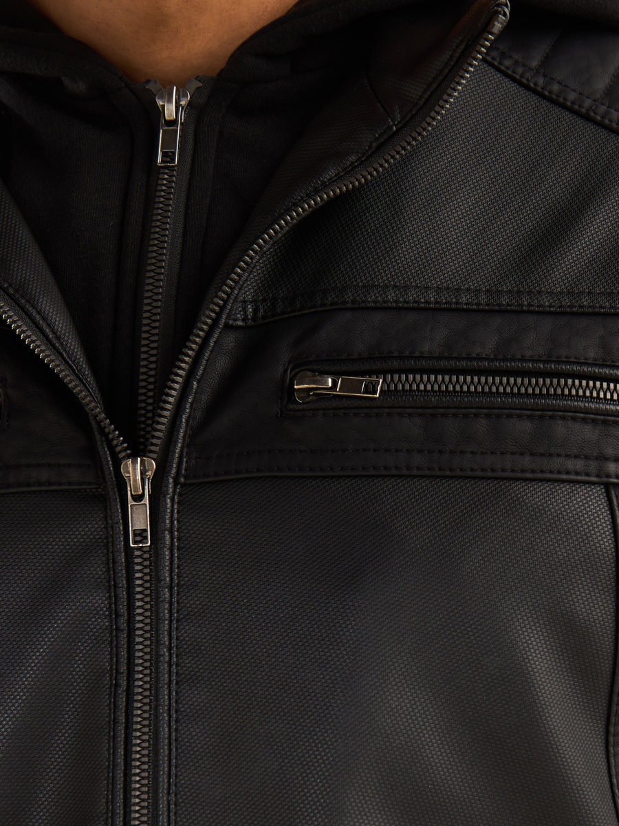 Panelled Hooded Pleather Jacket